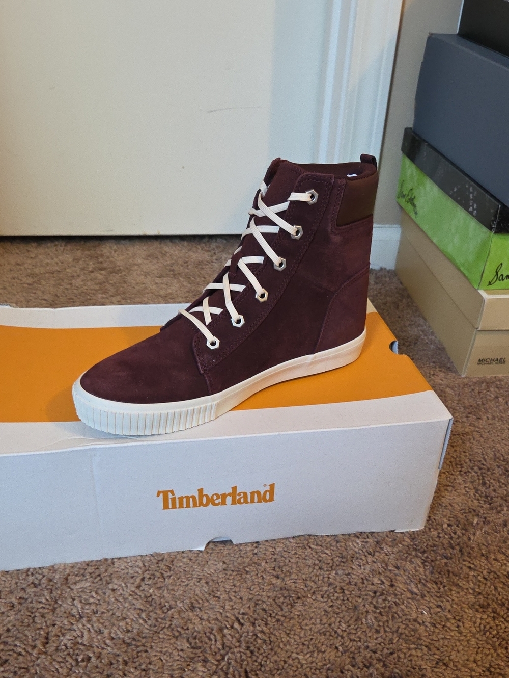 Timberland Men's Burgundy Suede High-Top Sneakers with White Laces